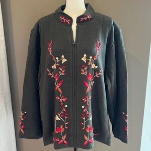 NWT Victor Costa Army Green Wool Blend Floral Embroidered Jacket, Size 3X